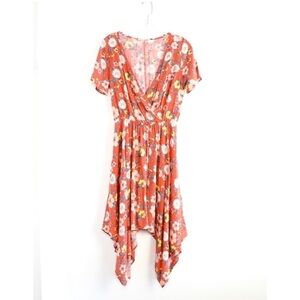 One Story orange dress floral boho asymmetric high low novelty print medium midi